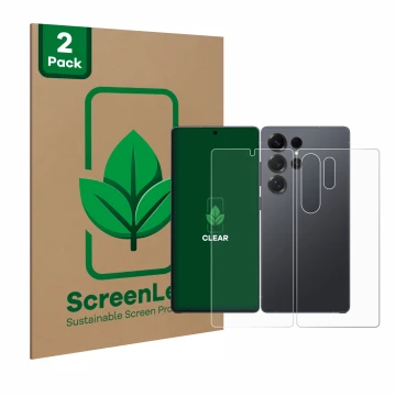 Parte frontale di una confezione del prodotto con il logo del marchio ScreenLeaf. Accanto è raffigurato il dispositivo Samsung