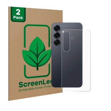 Parte frontale di una confezione del prodotto con il logo del marchio ScreenLeaf. Accanto è raffigurato il dispositivo Samsung