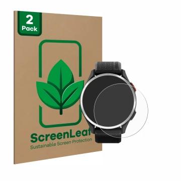 Parte frontale di una confezione del prodotto con il logo del marchio ScreenLeaf. Accanto è raffigurato il dispositivo Garmin 