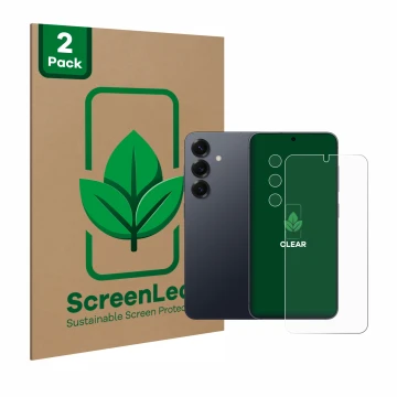 Parte frontale di una confezione del prodotto con il logo del marchio ScreenLeaf. Accanto è raffigurato il dispositivo Samsung
