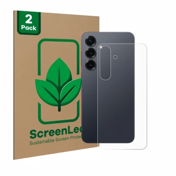 Parte frontale di una confezione del prodotto con il logo del marchio ScreenLeaf. Accanto è raffigurato il dispositivo Samsung