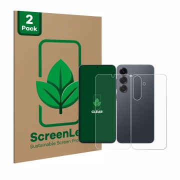 Parte frontale di una confezione del prodotto con il logo del marchio ScreenLeaf. Accanto è raffigurato il dispositivo Samsung