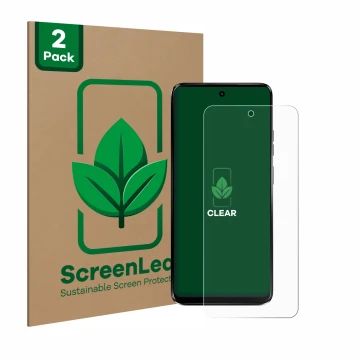 Parte frontale di una confezione del prodotto con il logo del marchio ScreenLeaf. Accanto è raffigurato il dispositivo Motorol