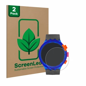 Parte frontale di una confezione del prodotto con il logo del marchio ScreenLeaf. Accanto è raffigurato il dispositivo Swatch 