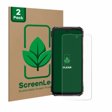 Parte frontale di una confezione del prodotto con il logo del marchio ScreenLeaf. Accanto è raffigurato il dispositivo Doogee 