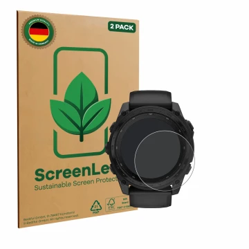 Parte frontale di una confezione del prodotto con il logo del marchio ScreenLeaf. Accanto è raffigurato il dispositivo Garmin 