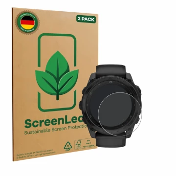 Parte frontale di una confezione del prodotto con il logo del marchio ScreenLeaf. Accanto è raffigurato il dispositivo Garmin 