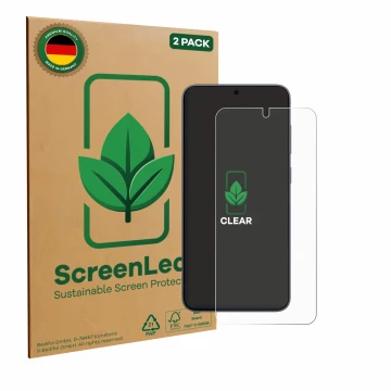 Parte frontale di una confezione del prodotto con il logo del marchio ScreenLeaf. Accanto è raffigurato il dispositivo Samsung