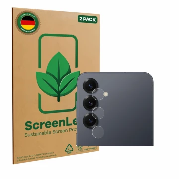 Parte frontale di una confezione del prodotto con il logo del marchio ScreenLeaf. Accanto è raffigurato il dispositivo Samsung