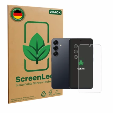 Parte frontale di una confezione del prodotto con il logo del marchio ScreenLeaf. Accanto è raffigurato il dispositivo Samsung