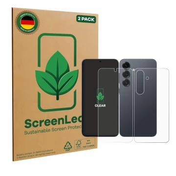 Parte frontale di una confezione del prodotto con il logo del marchio ScreenLeaf. Accanto è raffigurato il dispositivo Samsung