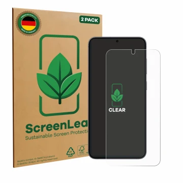 Parte frontale di una confezione del prodotto con il logo del marchio ScreenLeaf. Accanto è raffigurato il dispositivo Samsung