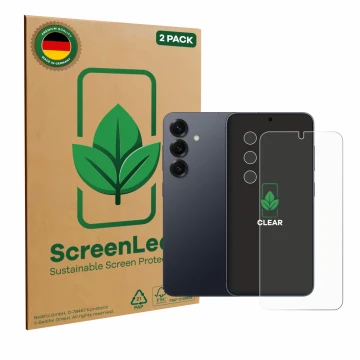 Parte frontale di una confezione del prodotto con il logo del marchio ScreenLeaf. Accanto è raffigurato il dispositivo Samsung