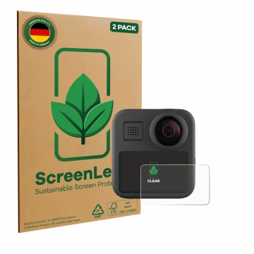 Parte frontale di una confezione del prodotto con il logo del marchio ScreenLeaf. Accanto è raffigurato il dispositivo GoPro M
