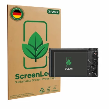 Parte frontale di una confezione del prodotto con il logo del marchio ScreenLeaf. Accanto è raffigurato il dispositivo Sony Cy