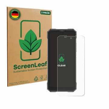 Parte frontale di una confezione del prodotto con il logo del marchio ScreenLeaf. Accanto è raffigurato il dispositivo Doogee 