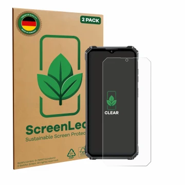 Parte frontale di una confezione del prodotto con il logo del marchio ScreenLeaf. Accanto è raffigurato il dispositivo Oukitel