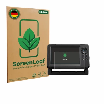 Parte frontale di una confezione del prodotto con il logo del marchio ScreenLeaf. Accanto è raffigurato il dispositivo Lowranc