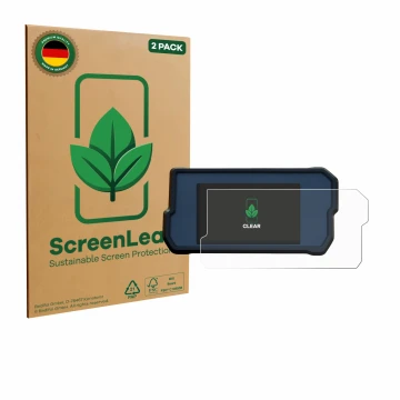 Parte frontale di una confezione del prodotto con il logo del marchio ScreenLeaf. Accanto è raffigurato il dispositivo KTM 390