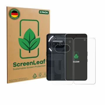 Parte frontale di una confezione del prodotto con il logo del marchio ScreenLeaf. Accanto è raffigurato il dispositivo Nothing