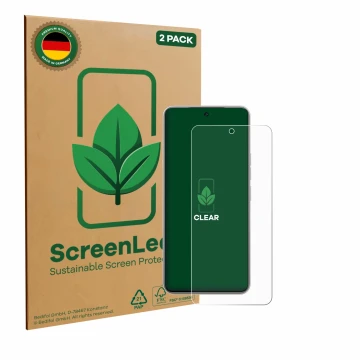 Parte frontale di una confezione del prodotto con il logo del marchio ScreenLeaf. Accanto è raffigurato il dispositivo Tecno C