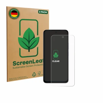Parte frontale di una confezione del prodotto con il logo del marchio ScreenLeaf. Accanto è raffigurato il dispositivo Xiaomi 