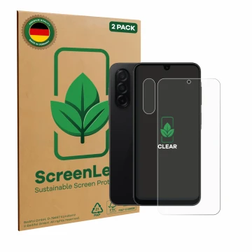 Parte frontale di una confezione del prodotto con il logo del marchio ScreenLeaf. Accanto è raffigurato il dispositivo Samsung