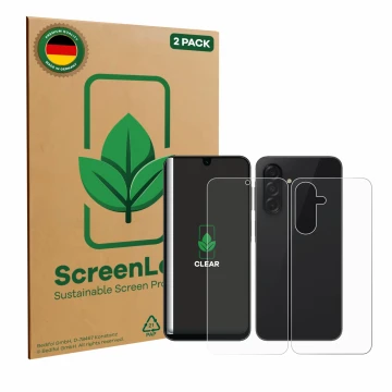Parte frontale di una confezione del prodotto con il logo del marchio ScreenLeaf. Accanto è raffigurato il dispositivo Samsung
