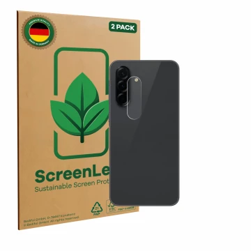 Parte frontale di una confezione del prodotto con il logo del marchio ScreenLeaf. Accanto è raffigurato il dispositivo Samsung