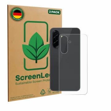 Parte frontale di una confezione del prodotto con il logo del marchio ScreenLeaf. Accanto è raffigurato il dispositivo Samsung