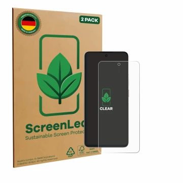 Parte frontale di una confezione del prodotto con il logo del marchio ScreenLeaf. Accanto è raffigurato il dispositivo realme 