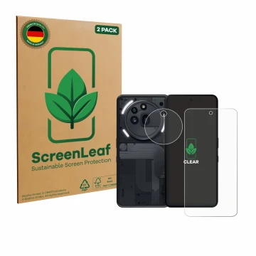 Parte frontale di una confezione del prodotto con il logo del marchio ScreenLeaf. Accanto è raffigurato il dispositivo Nothing