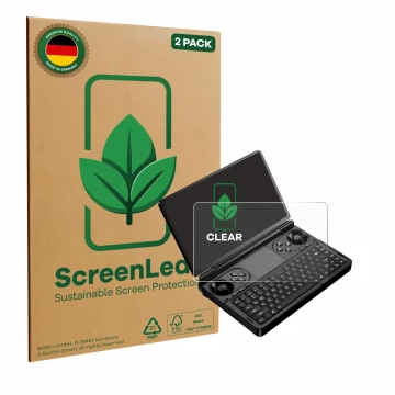 Parte frontale di una confezione del prodotto con il logo del marchio ScreenLeaf. Accanto è raffigurato il dispositivo GPD Win