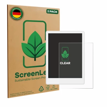 Parte frontale di una confezione del prodotto con il logo del marchio ScreenLeaf. Accanto è raffigurato il dispositivo Meebook