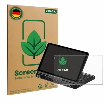Parte frontale di una confezione del prodotto con il logo del marchio ScreenLeaf. Accanto è raffigurato il dispositivo GPD Poc