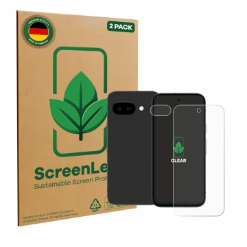 Parte frontale di una confezione del prodotto con il logo del marchio ScreenLeaf. Accanto è raffigurato il dispositivo Google 