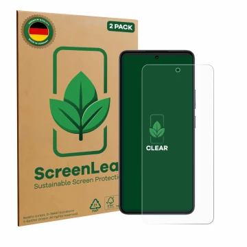 Parte frontale di una confezione del prodotto con il logo del marchio ScreenLeaf. Accanto è raffigurato il dispositivo realme 