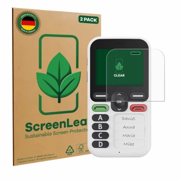 Parte frontale di una confezione del prodotto con il logo del marchio ScreenLeaf. Accanto è raffigurato il dispositivo Doro Le