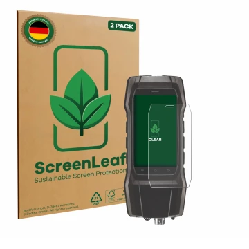 Parte frontale di una confezione del prodotto con il logo del marchio ScreenLeaf. Accanto è raffigurato il dispositivo Testo 3