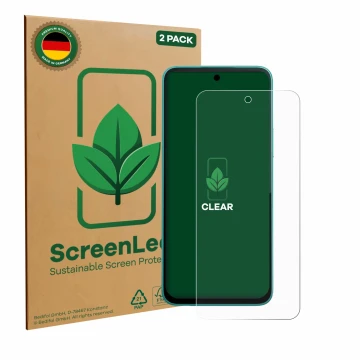 Parte frontale di una confezione del prodotto con il logo del marchio ScreenLeaf. Accanto è raffigurato il dispositivo Infinix