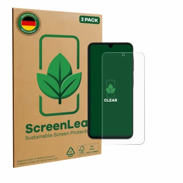 Parte frontale di una confezione del prodotto con il logo del marchio ScreenLeaf. Accanto è raffigurato il dispositivo Samsung