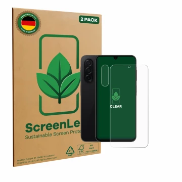 Parte frontale di una confezione del prodotto con il logo del marchio ScreenLeaf. Accanto è raffigurato il dispositivo Samsung