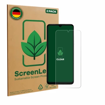 Parte frontale di una confezione del prodotto con il logo del marchio ScreenLeaf. Accanto è raffigurato il dispositivo Xiaomi 