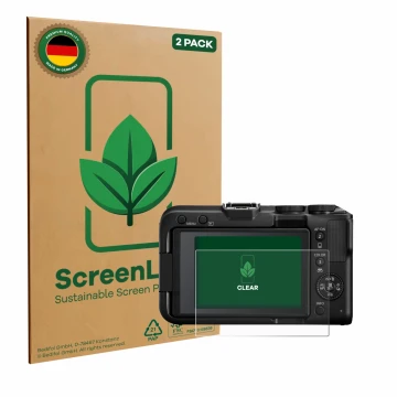 Parte frontale di una confezione del prodotto con il logo del marchio ScreenLeaf. Accanto è raffigurato il dispositivo Canon E