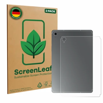 Parte frontale di una confezione del prodotto con il logo del marchio ScreenLeaf. Accanto è raffigurato il dispositivo Samsung