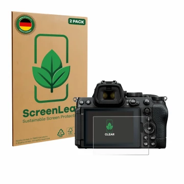Parte frontale di una confezione del prodotto con il logo del marchio ScreenLeaf. Accanto è raffigurato il dispositivo Nikon Z