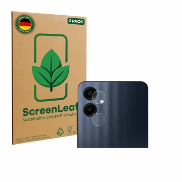 Parte frontale di una confezione del prodotto con il logo del marchio ScreenLeaf. Accanto è raffigurato il dispositivo Samsung
