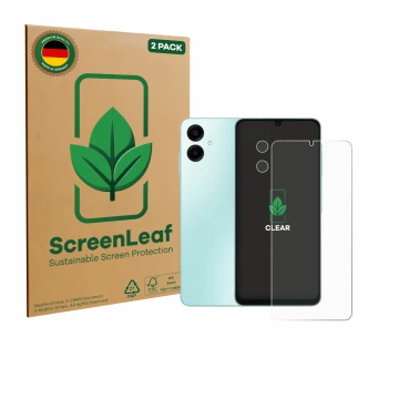 Parte frontale di una confezione del prodotto con il logo del marchio ScreenLeaf. Accanto è raffigurato il dispositivo Samsung