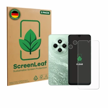Parte frontale di una confezione del prodotto con il logo del marchio ScreenLeaf. Accanto è raffigurato il dispositivo Xiaomi 