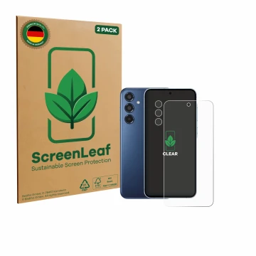 Parte frontale di una confezione del prodotto con il logo del marchio ScreenLeaf. Accanto è raffigurato il dispositivo Samsung